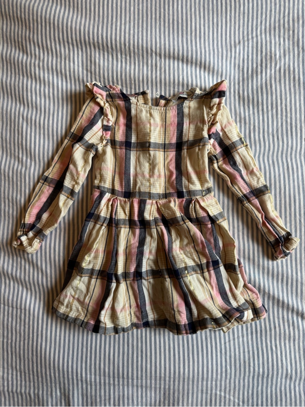 Vineyard Vines Girls Holiday Cream and Pink Plaid Long-Sleeve Dress